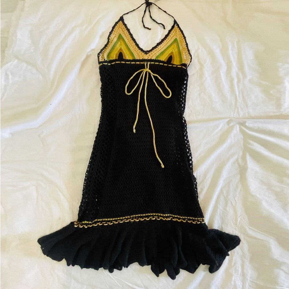 Free People Black Bohemian Wave Crochet Halter Lined Dress